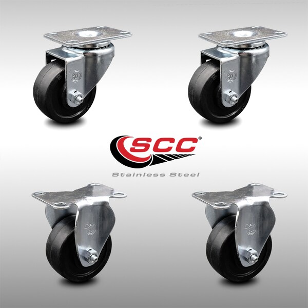 3.5 Inch SS Soft Rubber Wheel Swivel Top Plate Caster Set with 2 Rigid SCC